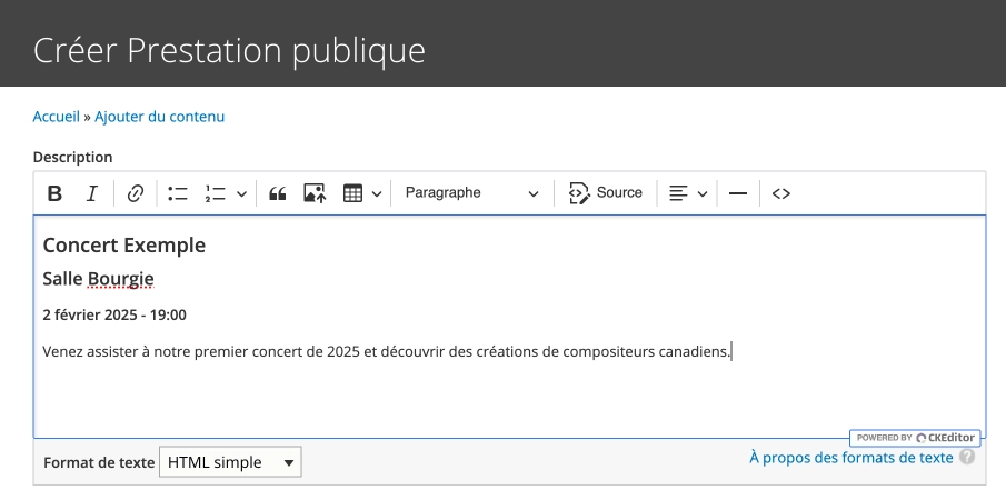 Capture d'écran montrant une entrée pour un concert dans l'interface éditeur d'un site où toutes les informations sont entrée dans un champ texte avec du formatage