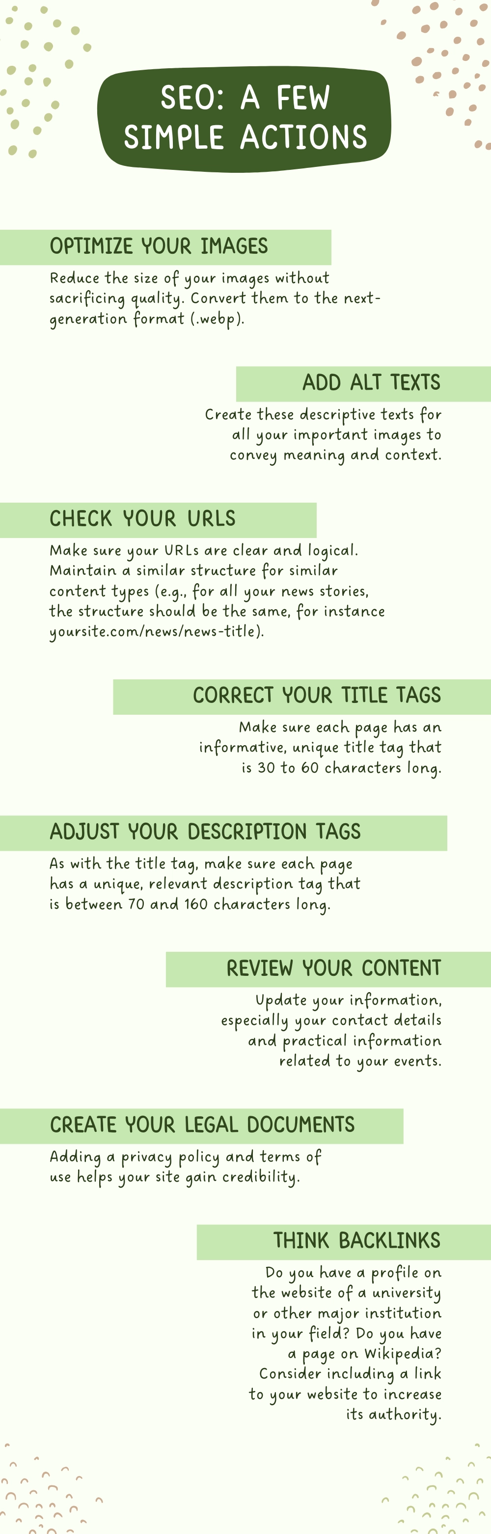 Illustrated list of 8 simple actions that can improve your website's SEO