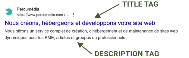 Screen grab showing the title and description tags in Google search results