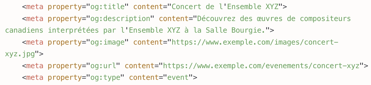 Capture d'écran montrant à quoi ressemblent les métatags Open Graph dans le code html d'une page web