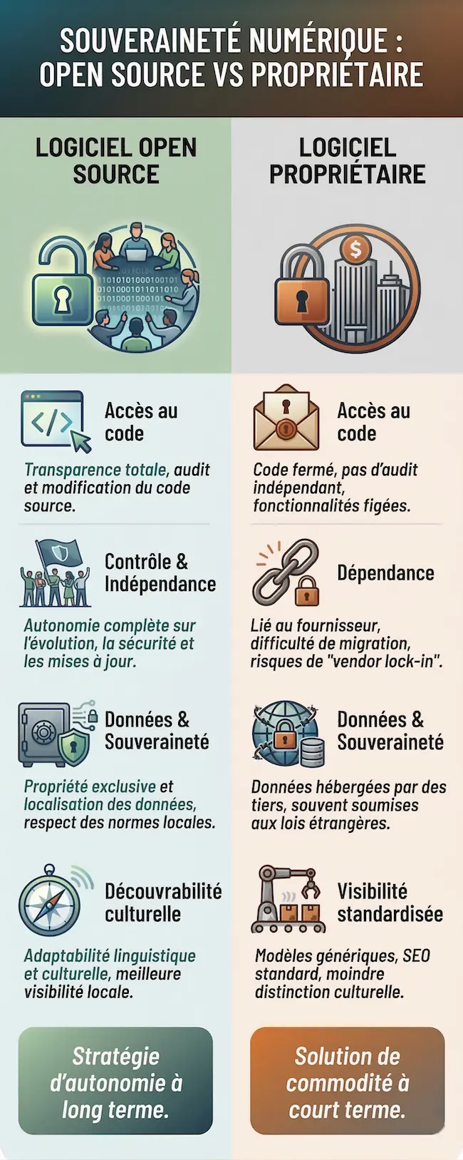 Infographie comparant les logiciels open source et propriétaire