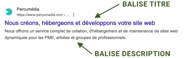 Capture d'écran d'un résultat de recherche identifiant les balises titre et description