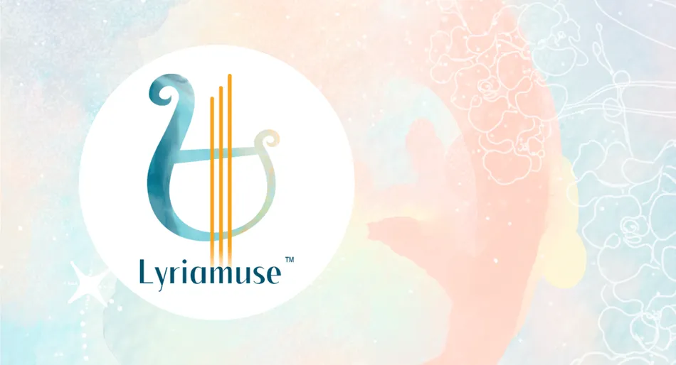 Logo harpe stylisée sur fond pastel coloré.