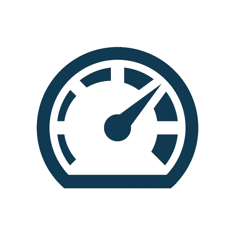 Speedometer graphic with a needle pointing right.