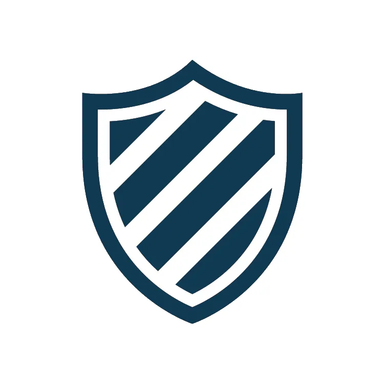 Shield logo with diagonal stripes in navy blue.