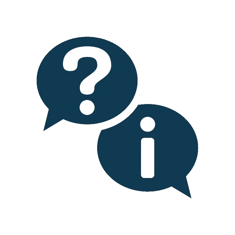 Question and info speech bubbles, blue graphic.