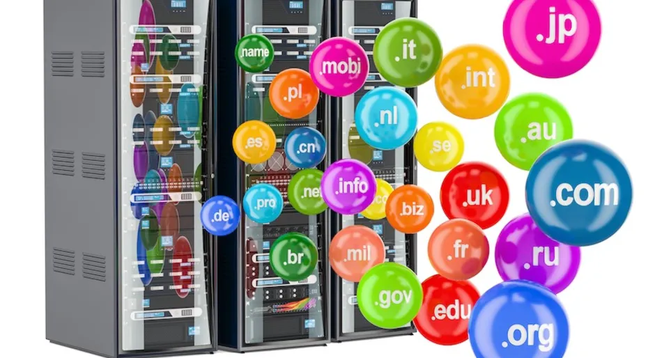 Serveurs avec bulles colorées de domaines internet flottantes.