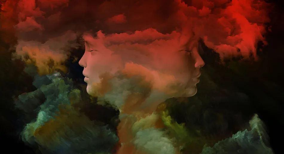 Visages dans des nuages rouges et sombres, teintes mystiques.