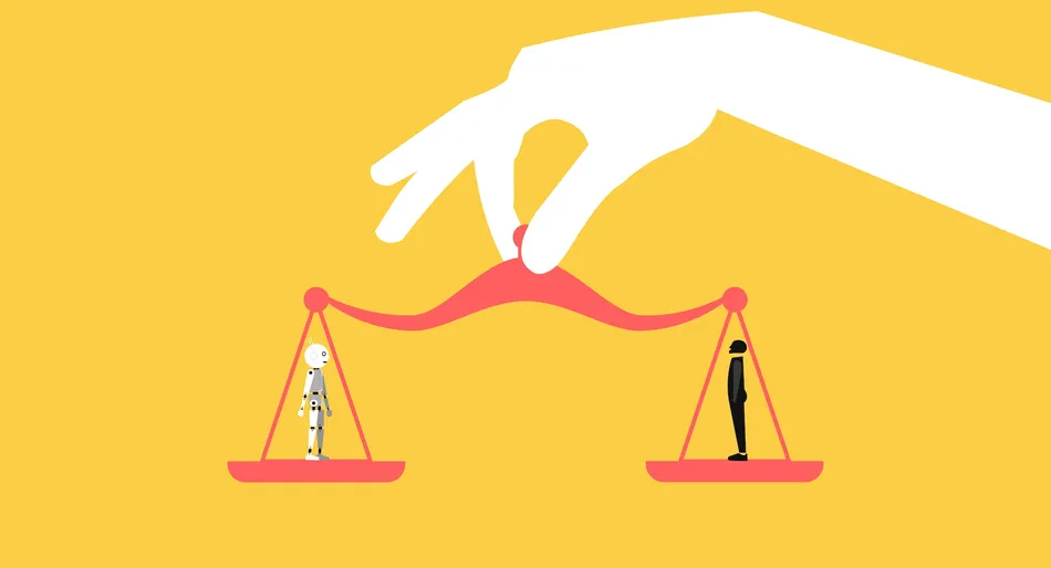 Un robot et un être humain sur les deux plateaux d'une balance
