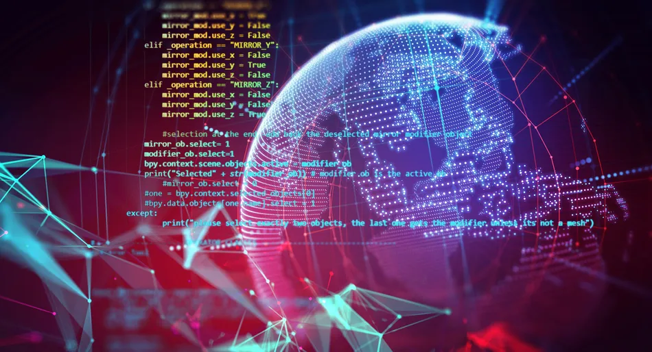 Code informatique sur fond de figured géométriques multicolore et d'un globe terrestre semi-transparents